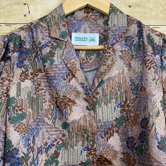 Vintage Surrey Blouse Fabric Covered Buttons All Over Print Womens Large - Picture 1 of 4